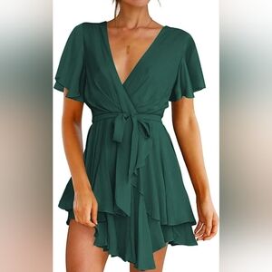 Albe Rita Women Short Sleeve  Deep V-Neck  Waist Tie Ruffle Mini Swing Dress New